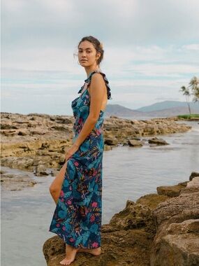 Teal Floral Maxi Swim Cover-Up with Ruffle Straps